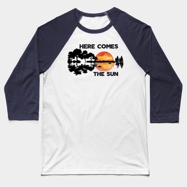 Here Comes The Sun Guitar Sunset Silhouette Music Lover Baseball T-Shirt by Bazzar Designs